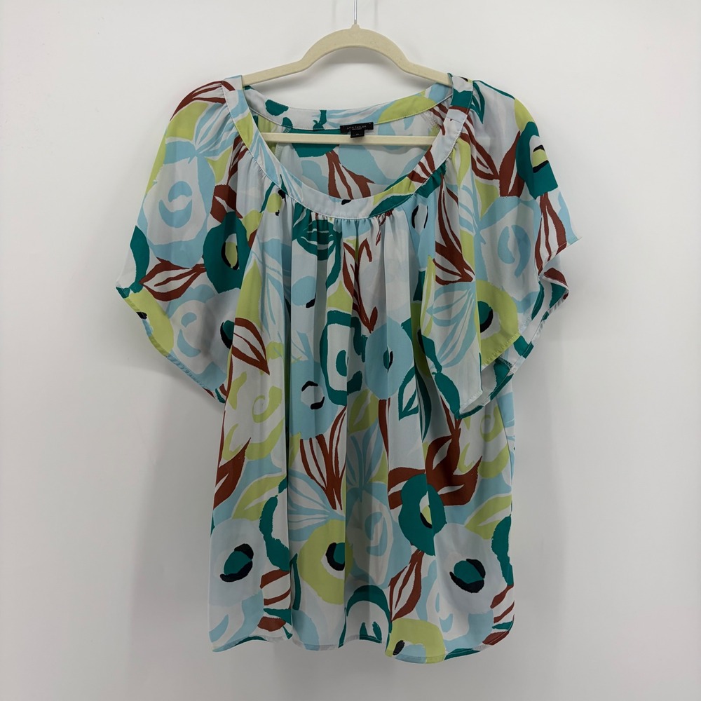 Ann Taylor Factory Womens XL Multicolor Floral Blouse Short Sleeve Scoop Neck